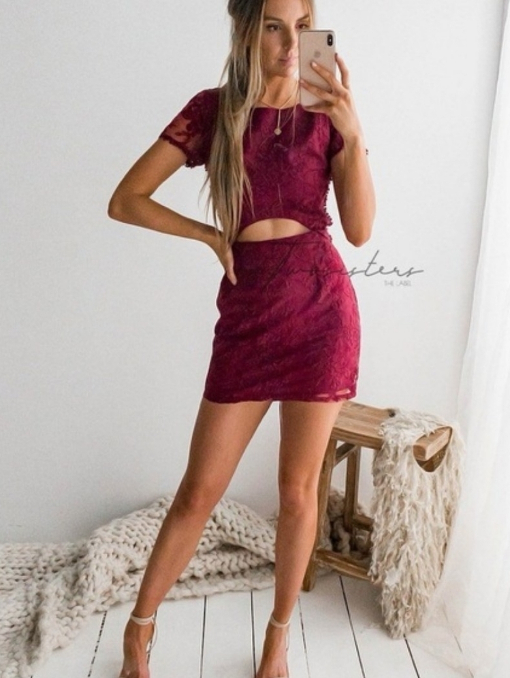 Two Sisters the Label burgundy lace overlay lace up back cut-out mini dress